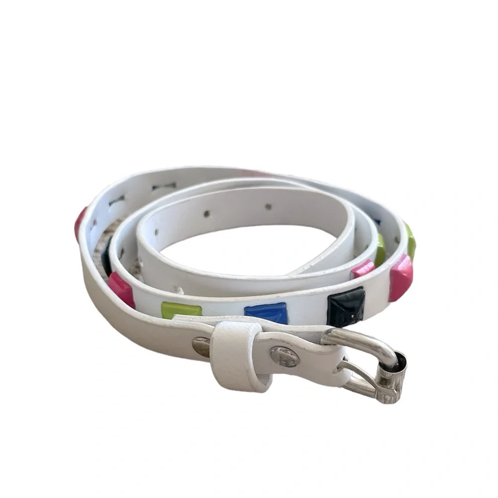 Kids’ White Belt with Blue, Black, Green, and Pink Stones